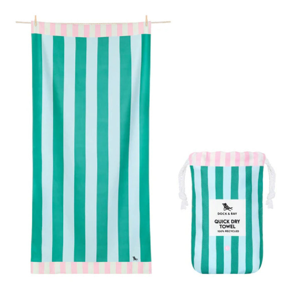 Striped towel and pouch with brand logo on a white background