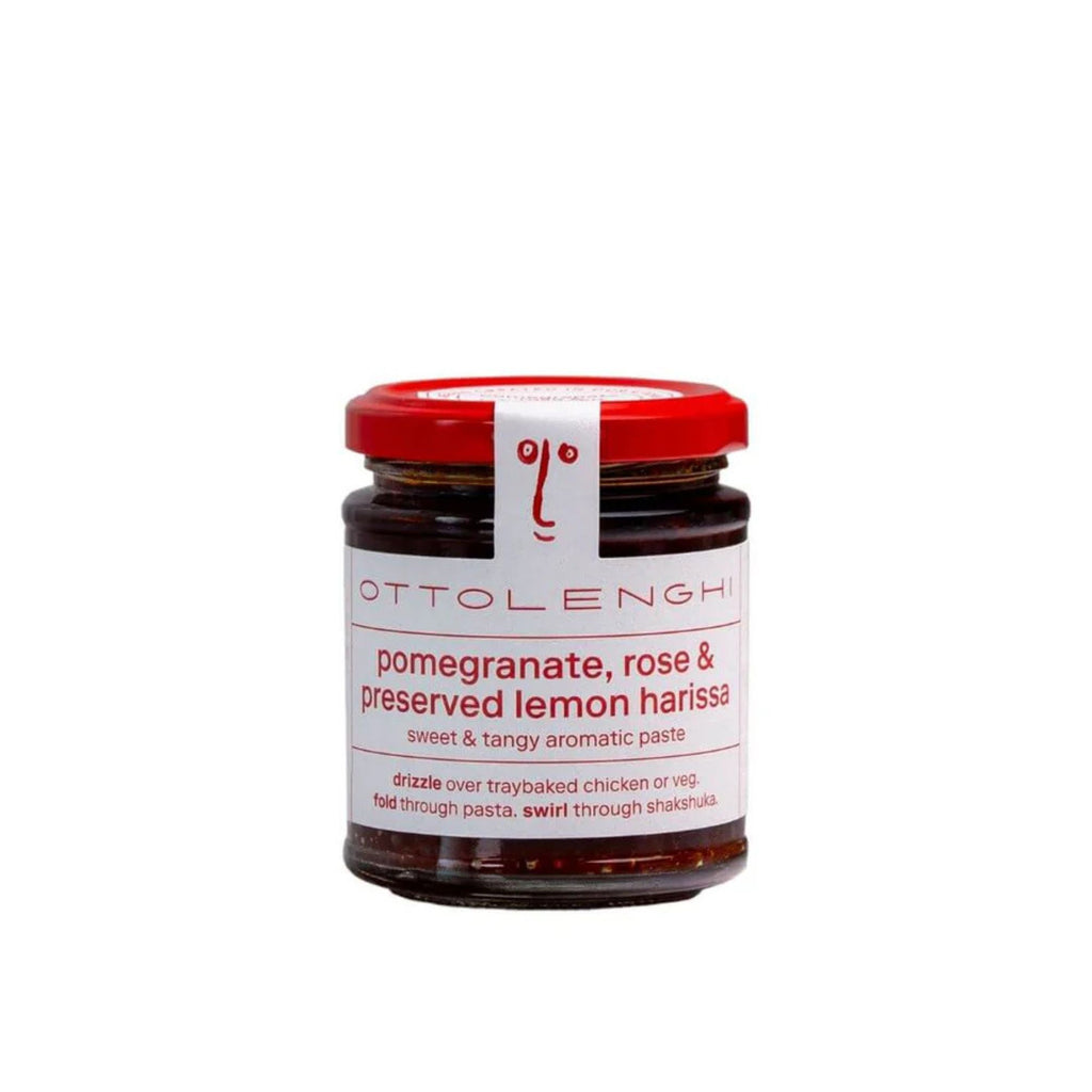 Ottolenghi Pomegranate, Rose & Preserved Lemon Harrisa. Jar with red lid and white label