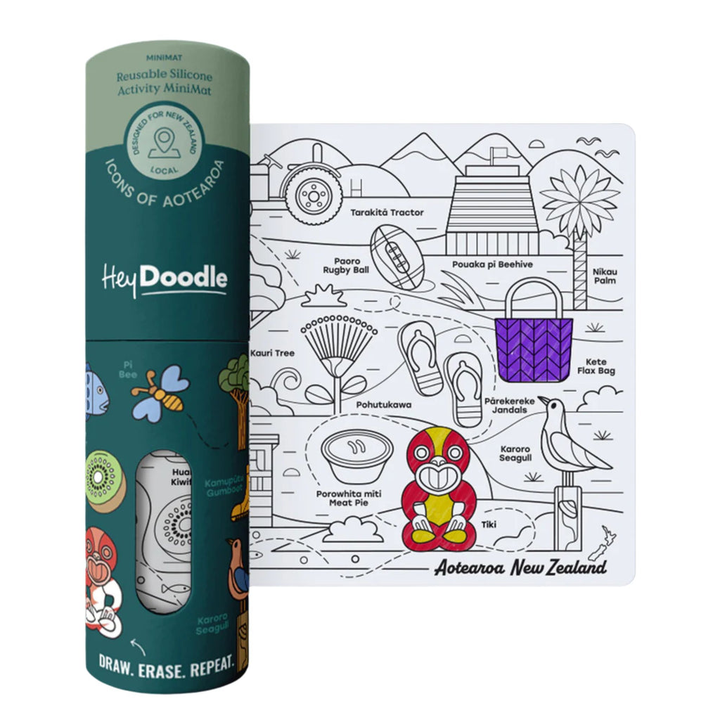 HeyDoodle coloring activity mini mat with illustrations and packaging on a white background