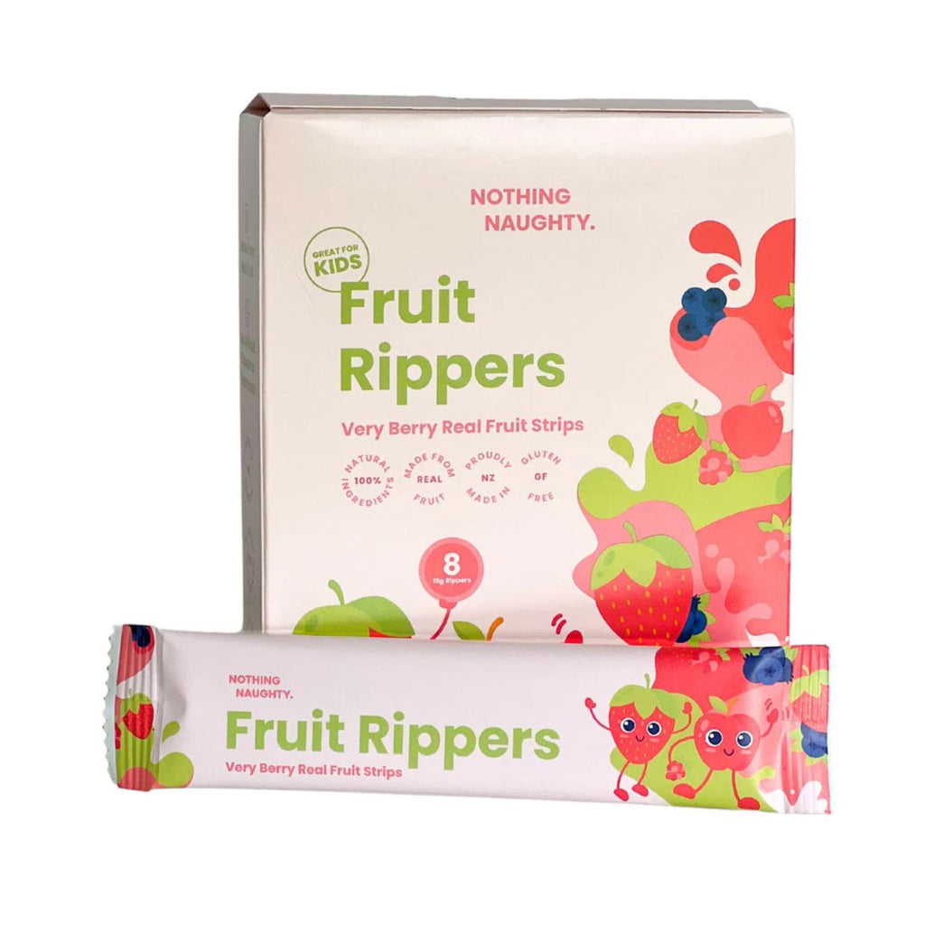 Box and fruit strip packaging of 'Fruit Rippers' on a white background