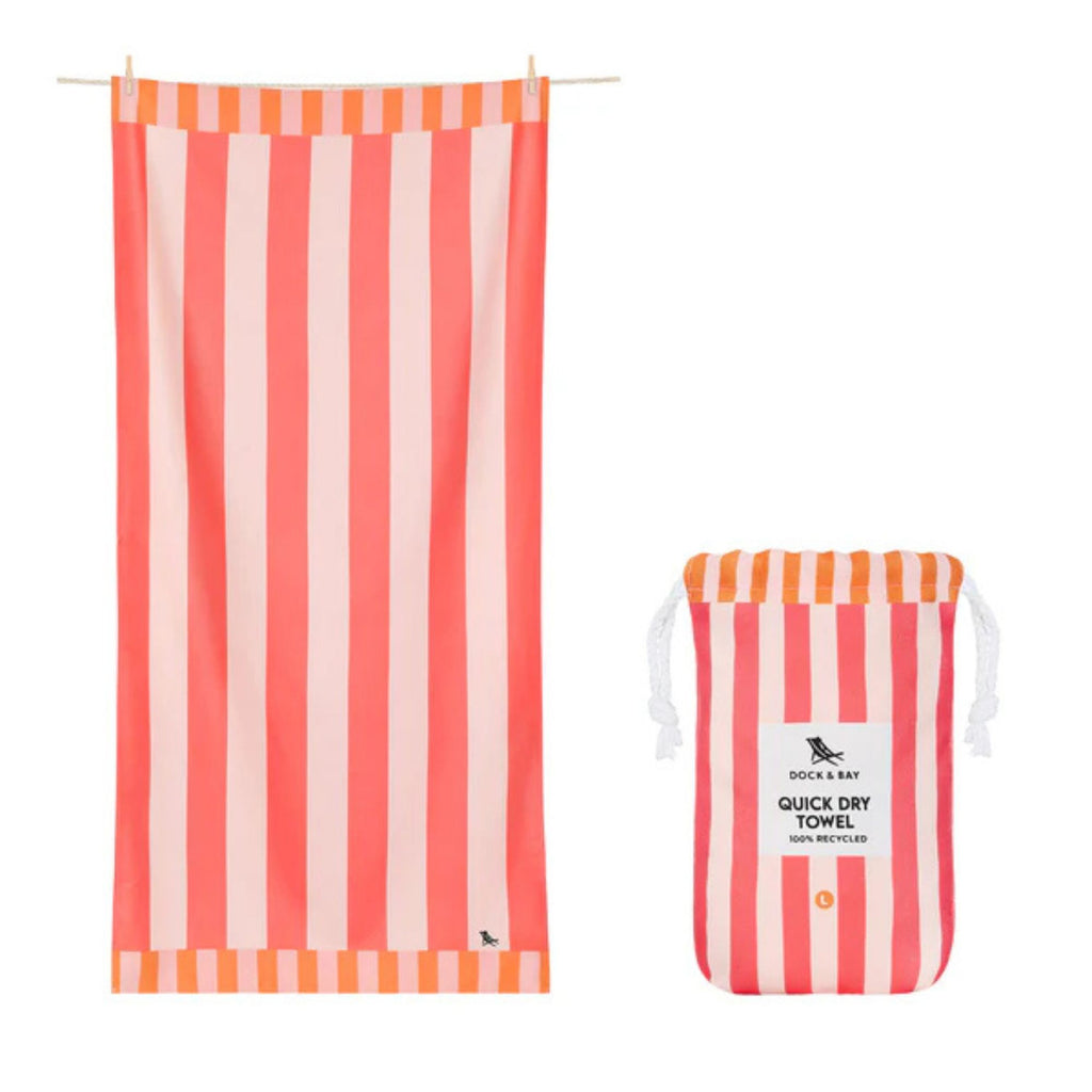 Striped quick dry towel with carrying bag on a white background