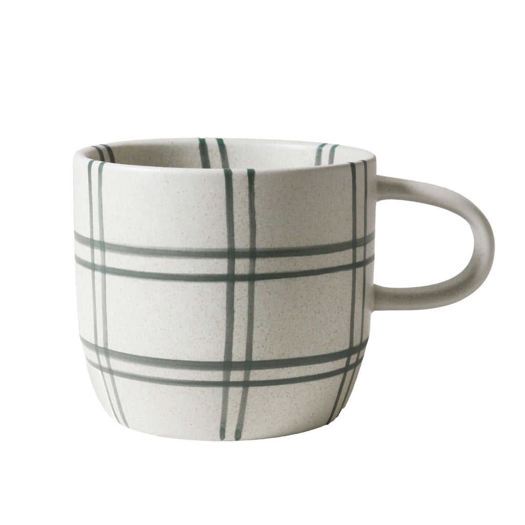 White mug with gray plaid pattern on a white background
