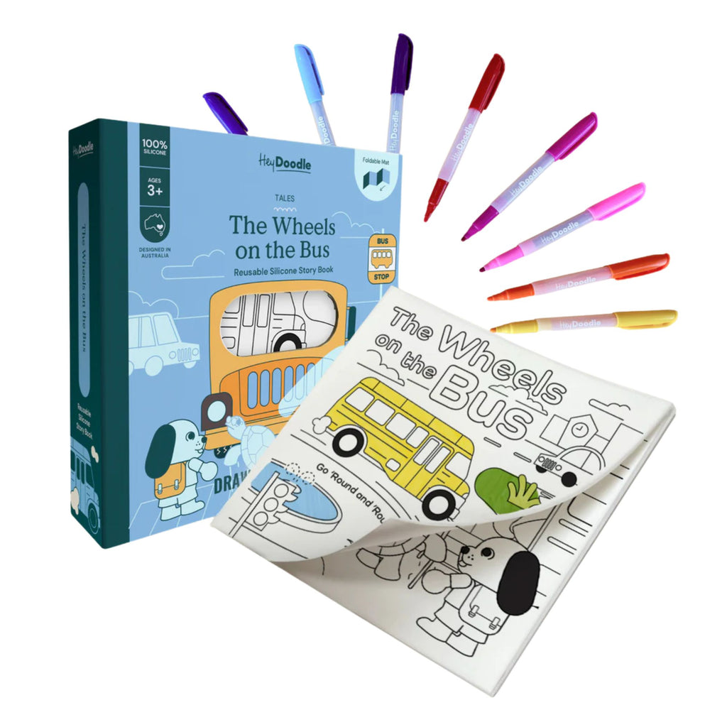 Coloring book with 'The Wheels on the Bus' design, markers, and packaging on a white background