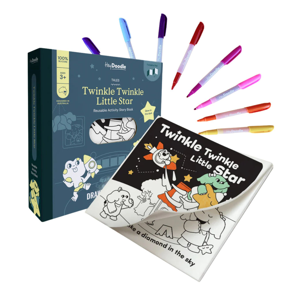Coloring book set with 'Twinkle Twinkle Little Star' design, markers, and packaging on a white background