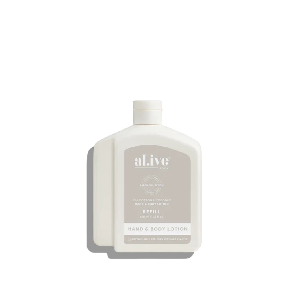 Hand and body lotion refill bottle with 'alive' branding on a white background