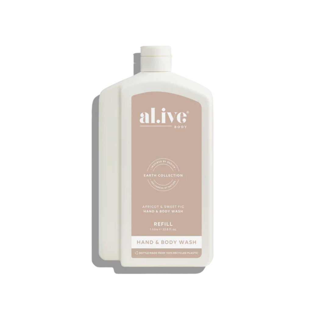 Hand and body wash refill bottle with 'alive' branding on a white background