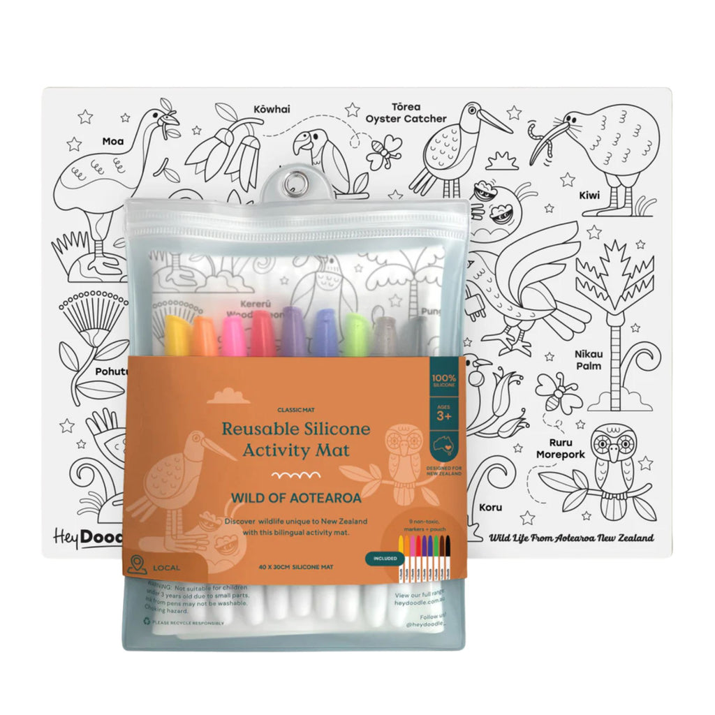 Reusable silicone activity mat with markers on a white background