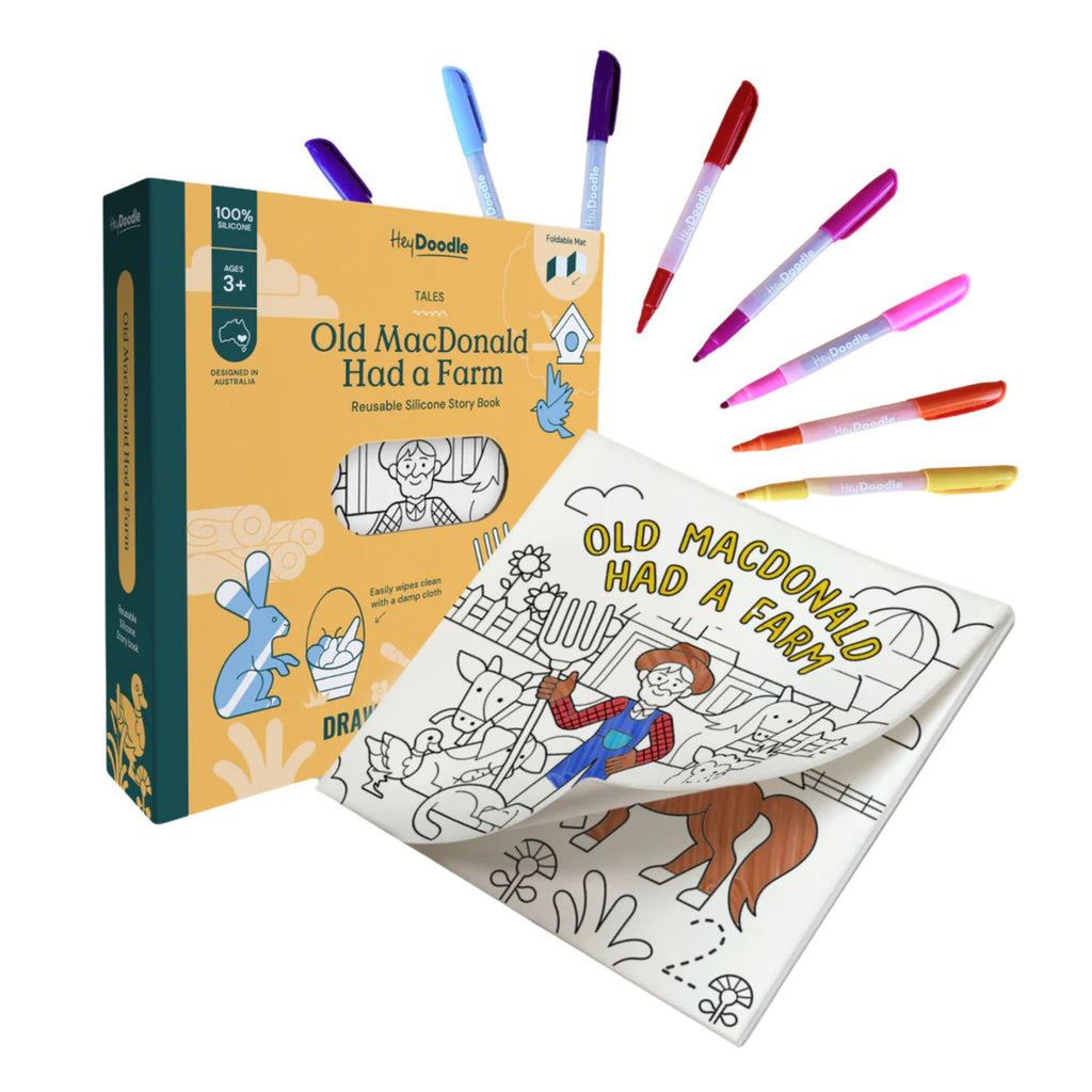 Coloring book and markers set with 'Old MacDonald Had a Farm' theme on a white background