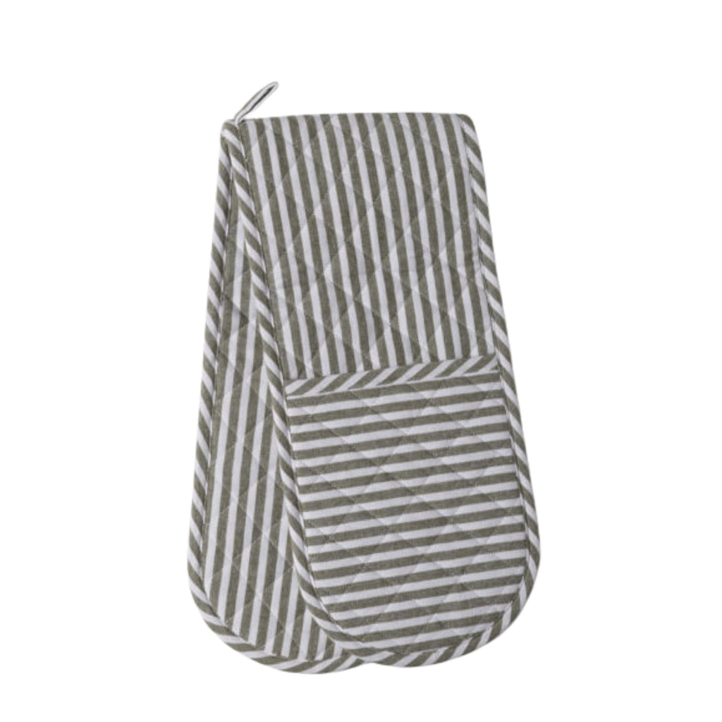 Striped oven mit with a pocket on a white background