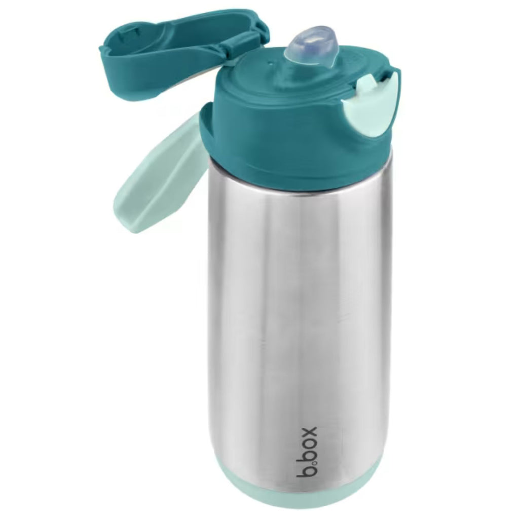 Stainless steel water bottle with teal lid and handle on a white background
