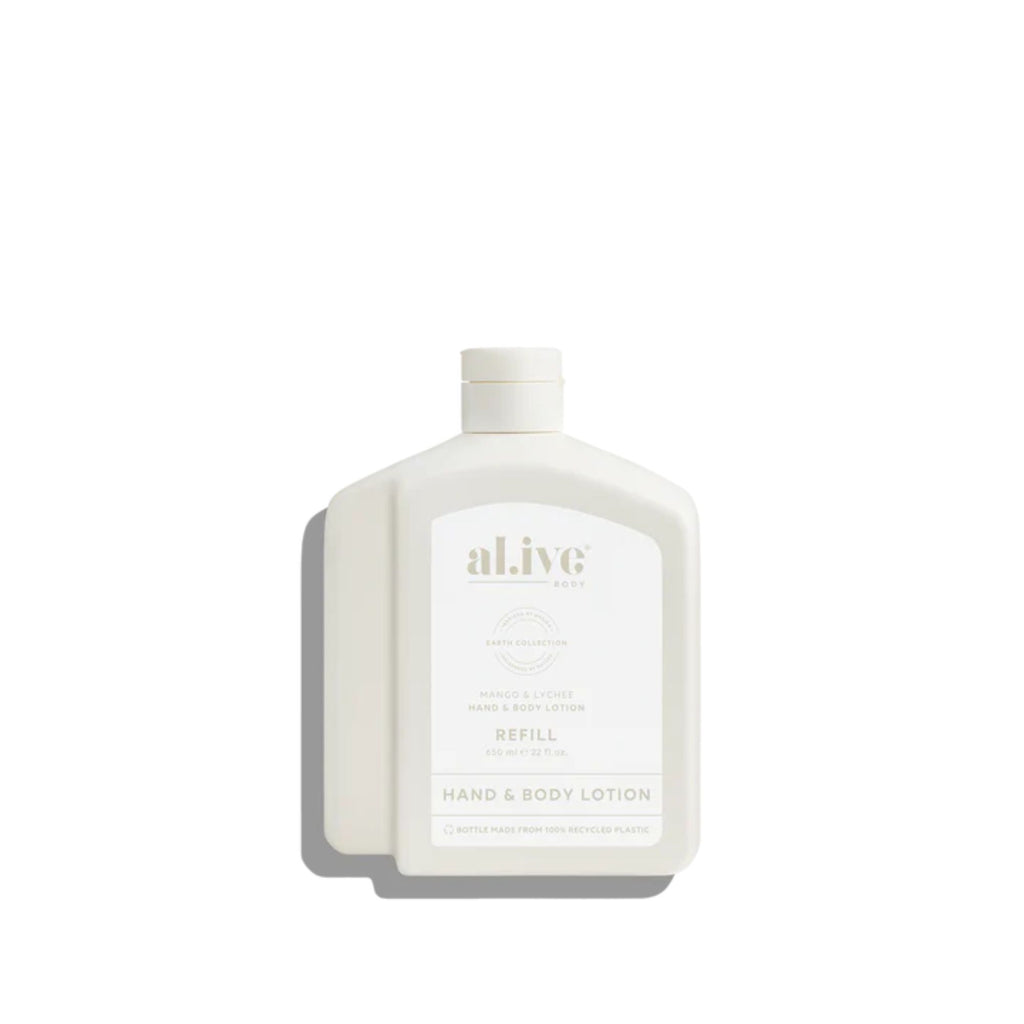 White bottle of al.ive hand and body lotion on a white background