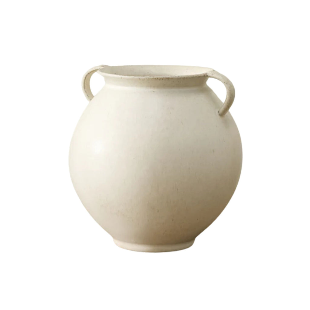 Beige ceramic vase with handles on a white background