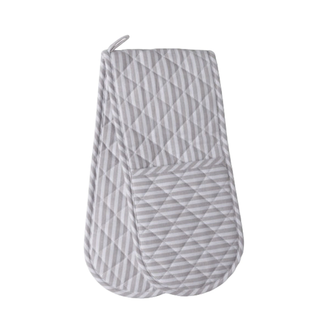 Quilted oven mitt with gray and white striped pattern on a white background