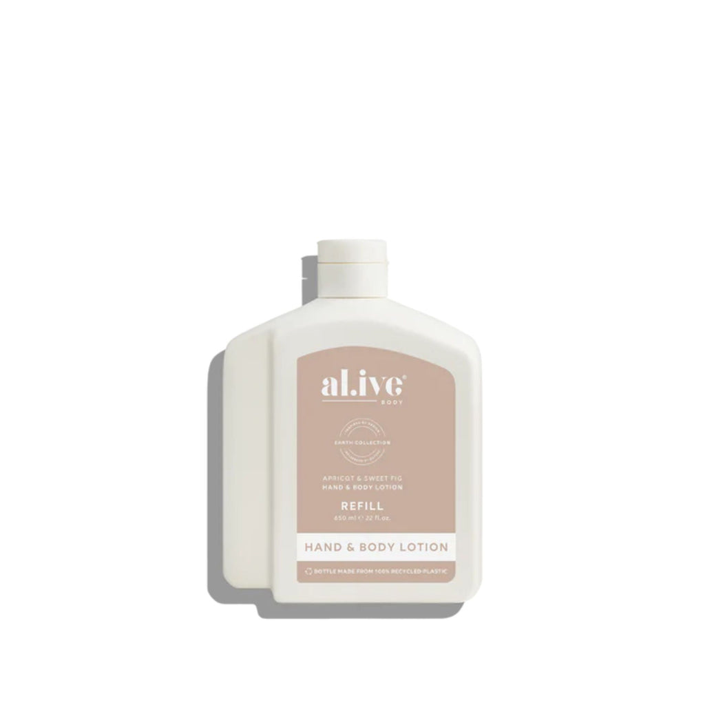 Hand and body lotion refill bottle with 'alive' branding on a white background