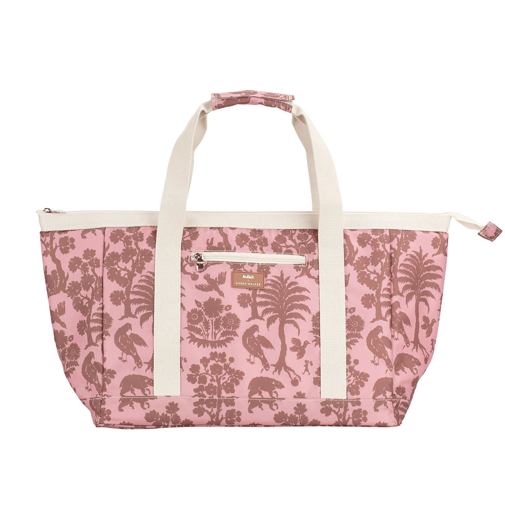 Pink floral-patterned tote bag with white handles on a white background