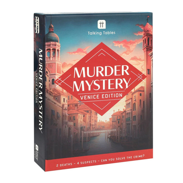 A boxed card game titled "Murder Mystery: Venice Edition" by Talking Tables, shown at a slight angle on a plain white background. The box features a Venice canal scene with warm pink and orange buildings under a blue sky, overlaid with a large red diamond containing the title in white text.