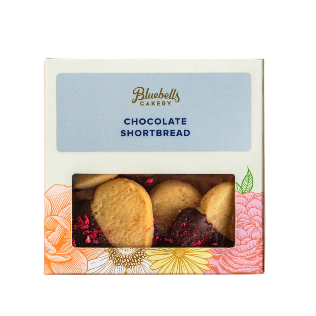 Box of Bluebell's Cakery Chocolate Shortbread with floral design on a white background