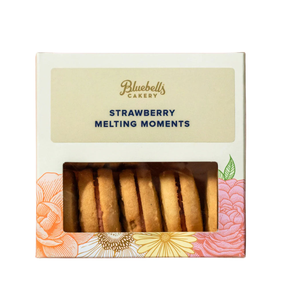 Box of Bluebells Cakery Strawberry Melting Moments cookies with floral design on a white background