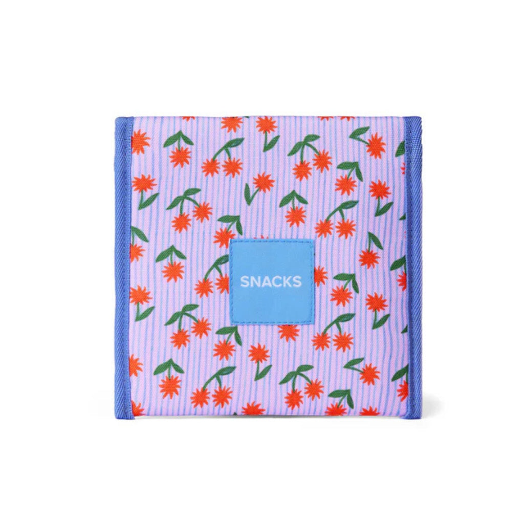 Snack bag with floral pattern and 'SNACKS' label on a white background