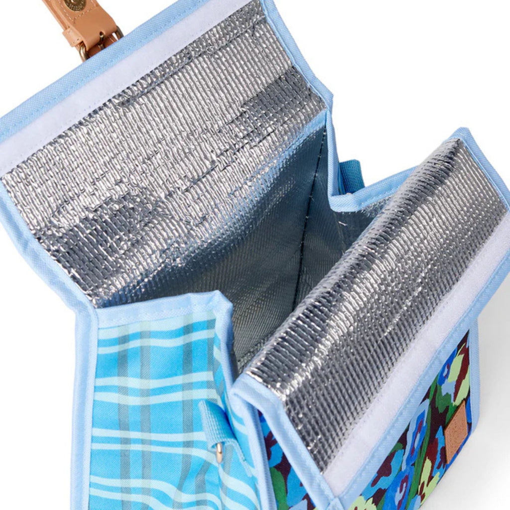Insulated lunch bag with blue exterior and colorful interior lining.