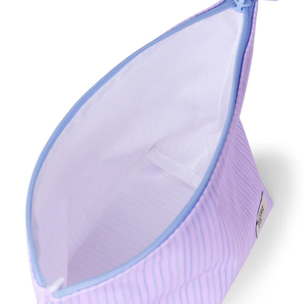 Light purple mesh bag with blue trim on a white background