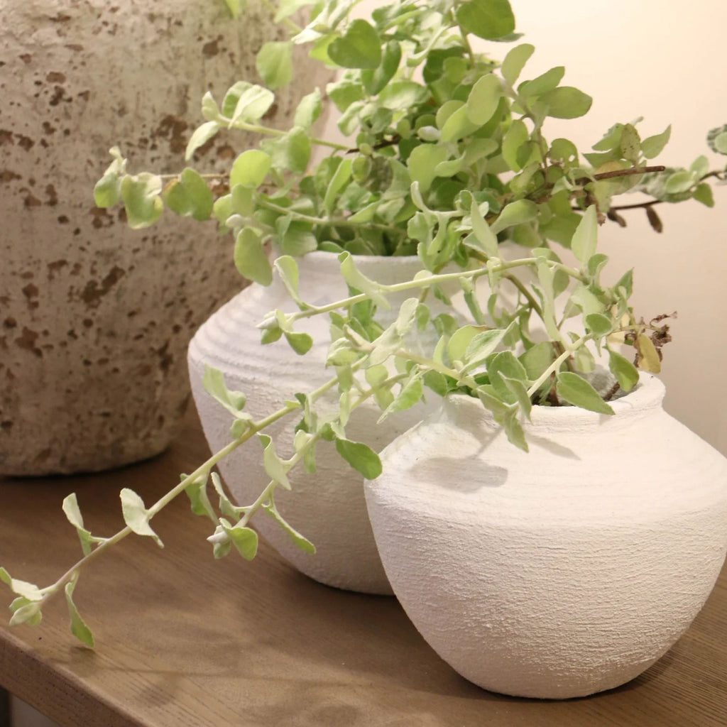 two white textured vases with greenery in them on a neutral table