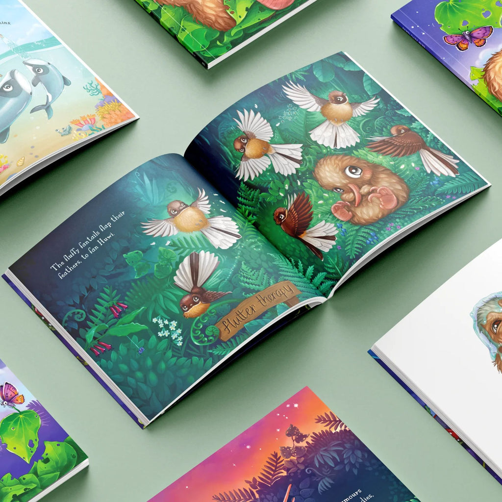 Open children's book with colorful illustrations of animals on a green surface