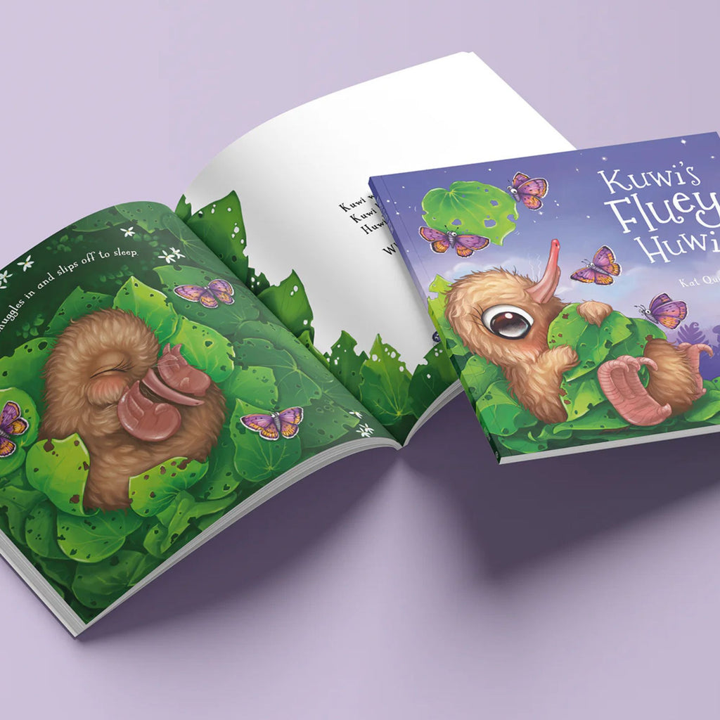 Open children's book with illustrations of a kiwi bird and butterflies on a purple background