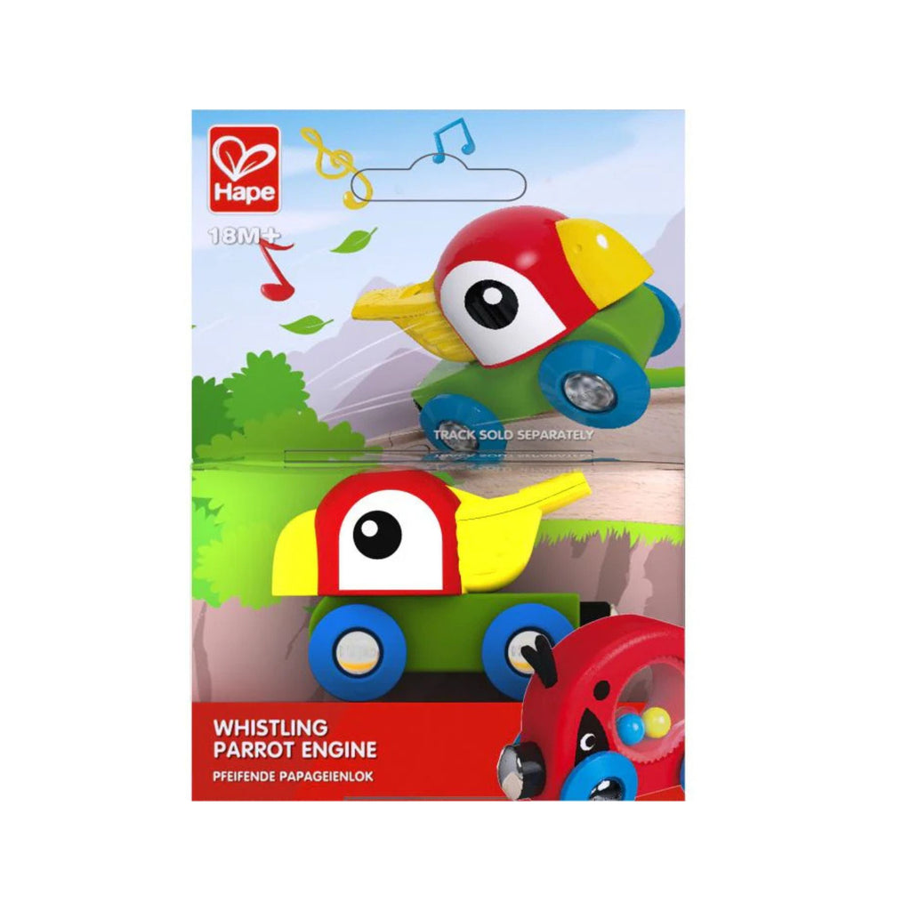 Packaging of a colorful toy whistling parrot engine with Hape logo.