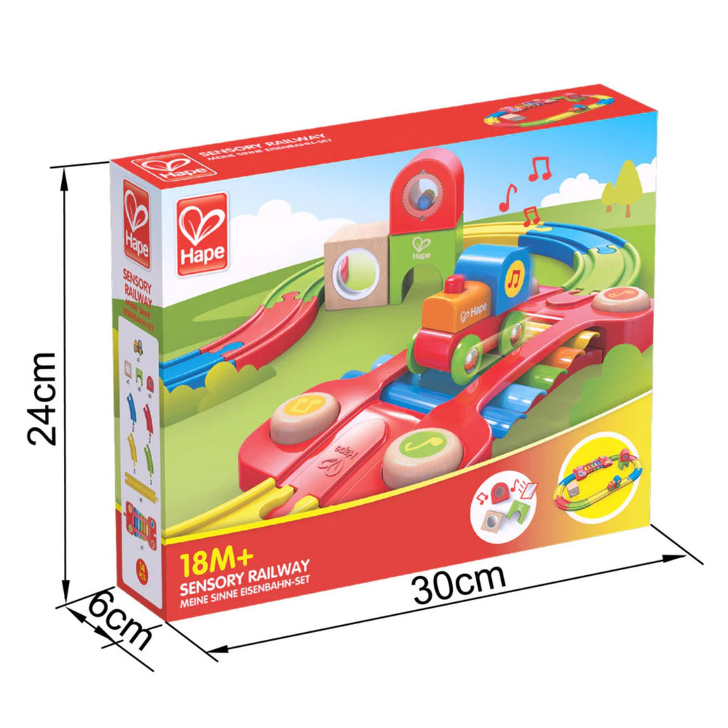 Hape sensory railway toy set packaging with dimensions on a white background