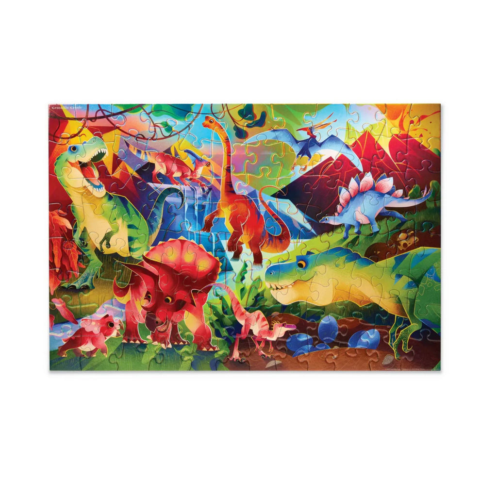 Colorful dinosaur puzzle with various dinosaurs on a white background