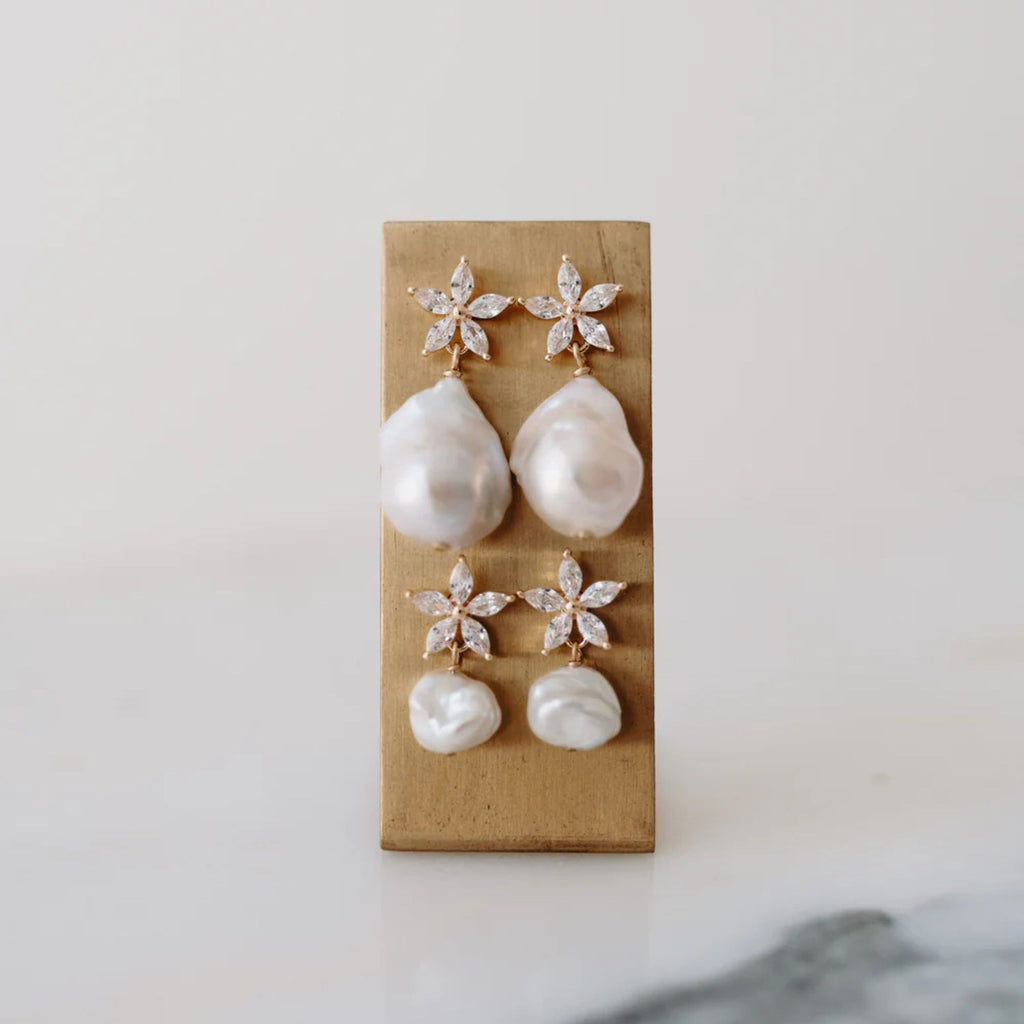Pair of pearl earrings with floral tops on a cardboard backing against a light background