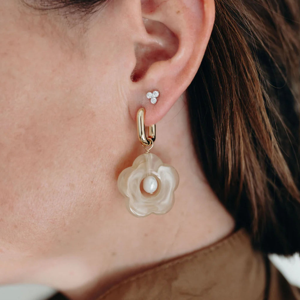 Close-up of an ear wearing a floral earring with a gold hoop.