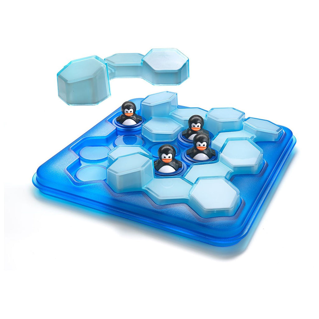 Penguin ice-breaking game with blue and light blue design on a white background