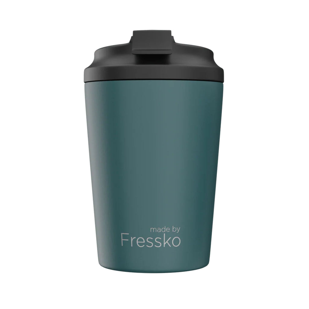 Teal tumbler with black lid on a white background, branded 'made by Fressko'.