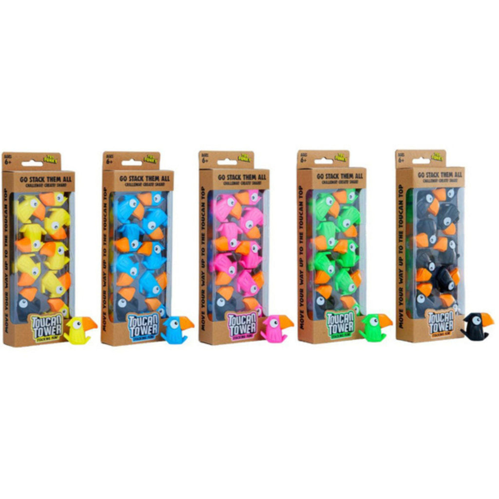 Five packages of Tucan Tower toys on a white background