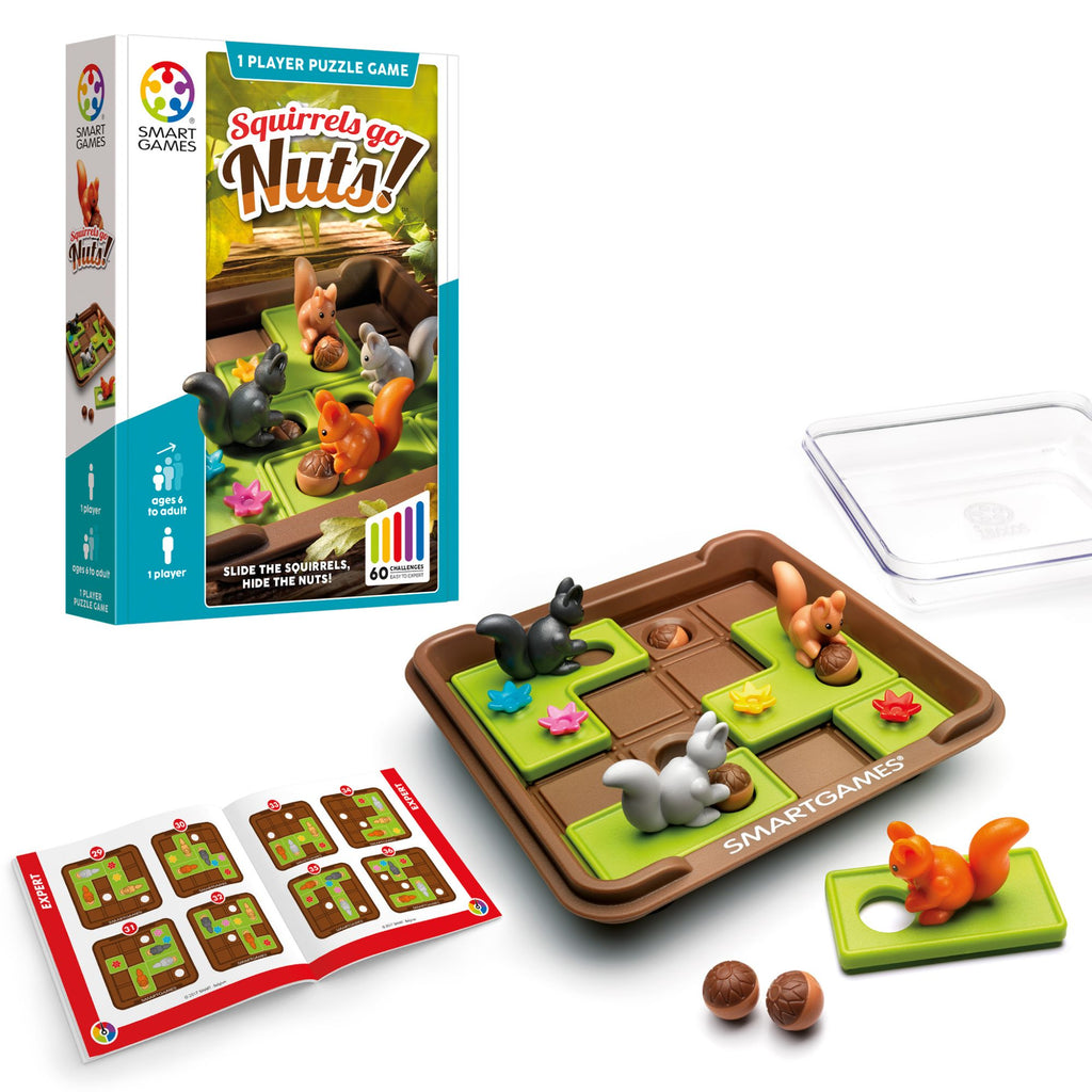 Smart Games 'Squirrels go Nuts!' puzzle game set with packaging on a white background