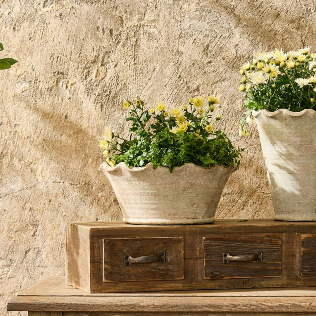 Two planters with flowers on a wooden surface against a stone wall.