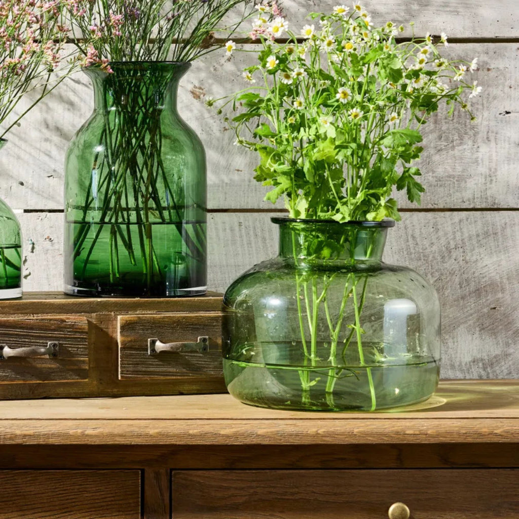 Green glass vases with plants on a wooden surface