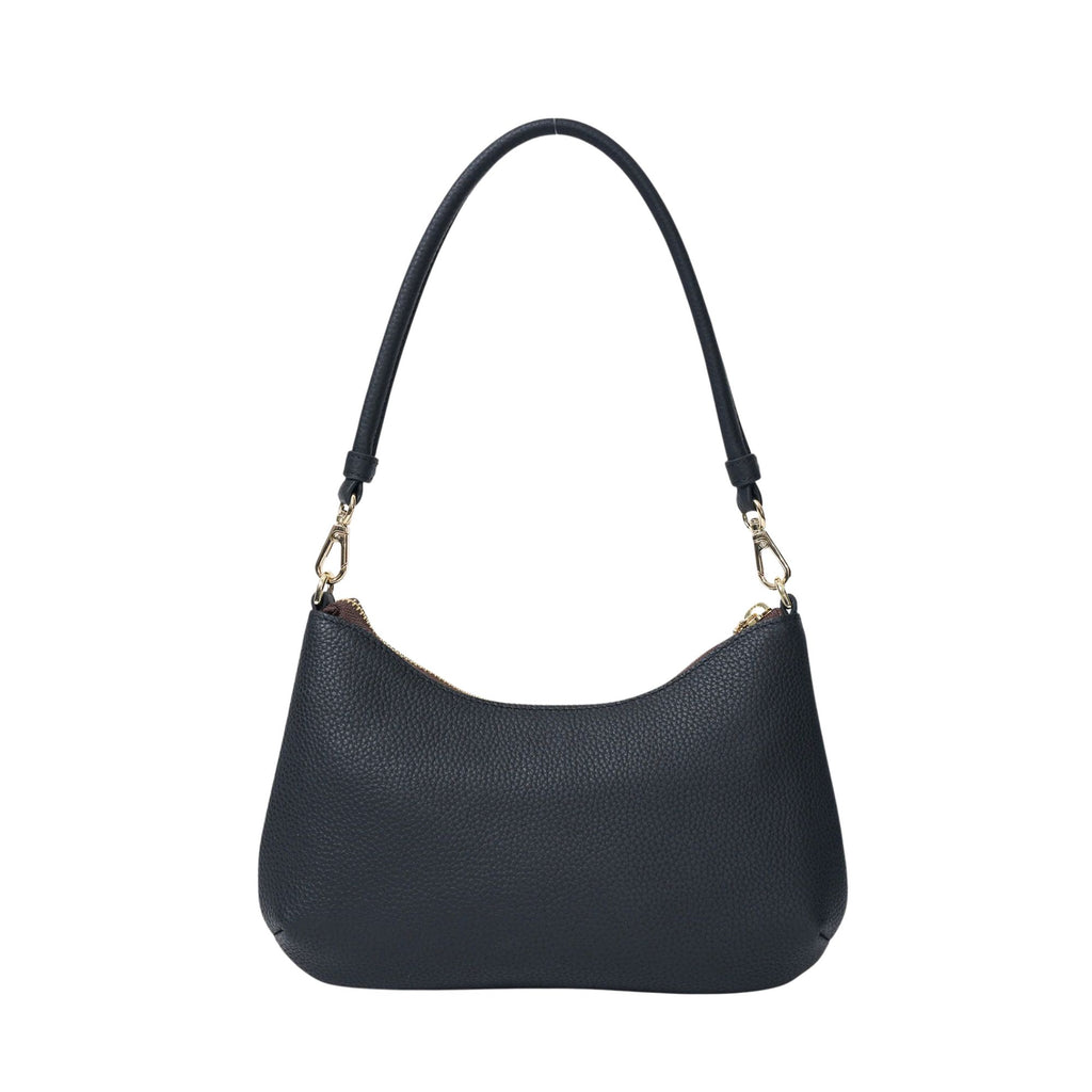 Black handbag with gold hardware on a white background