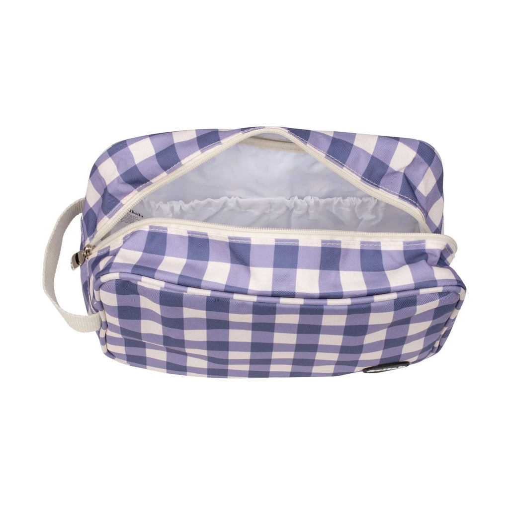 An open light purple and white check toilet bag with kollab branding and a white handle and inner