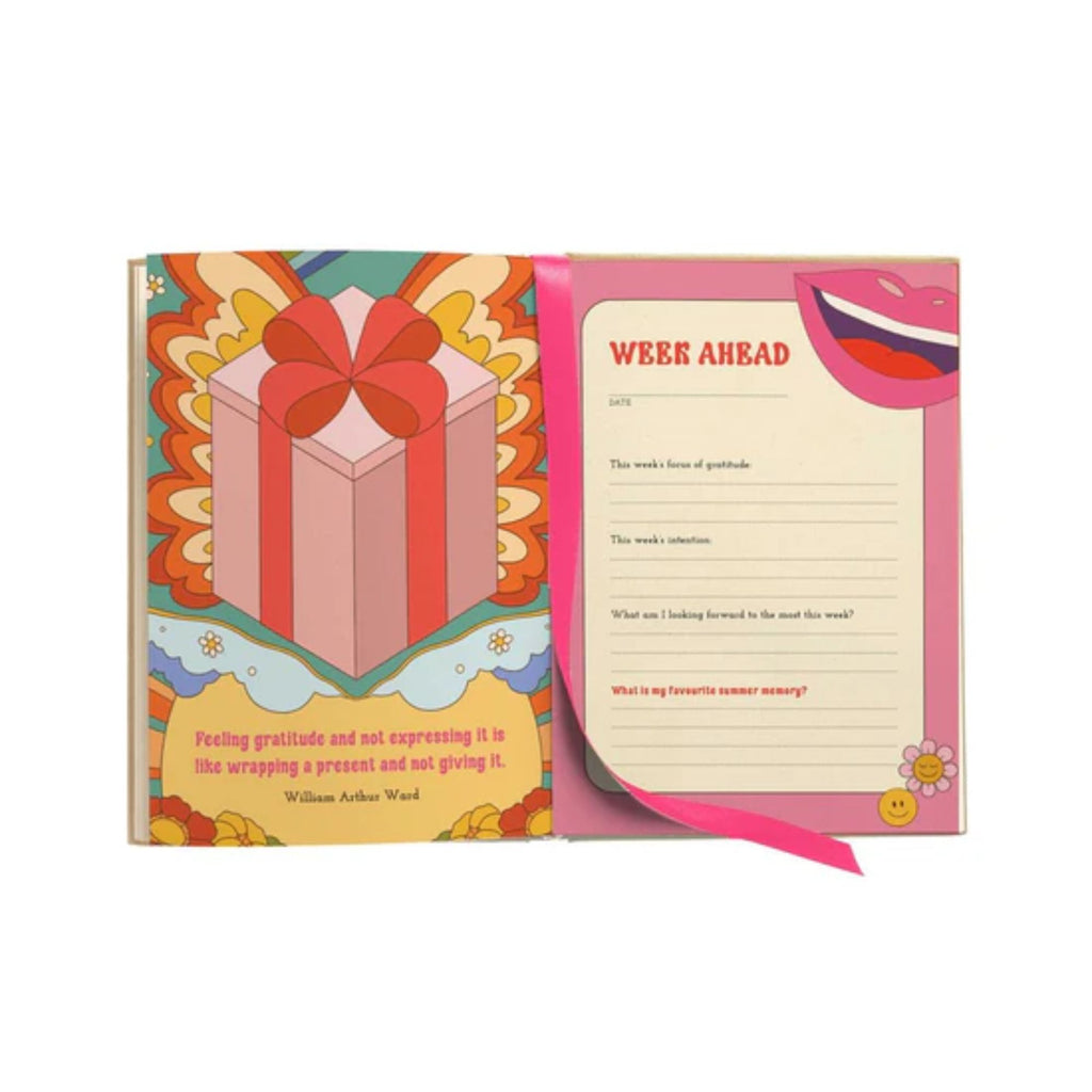 A psychedelic design open journal featuring a page with a quote and present illustration and a week planning page with a lip illustration