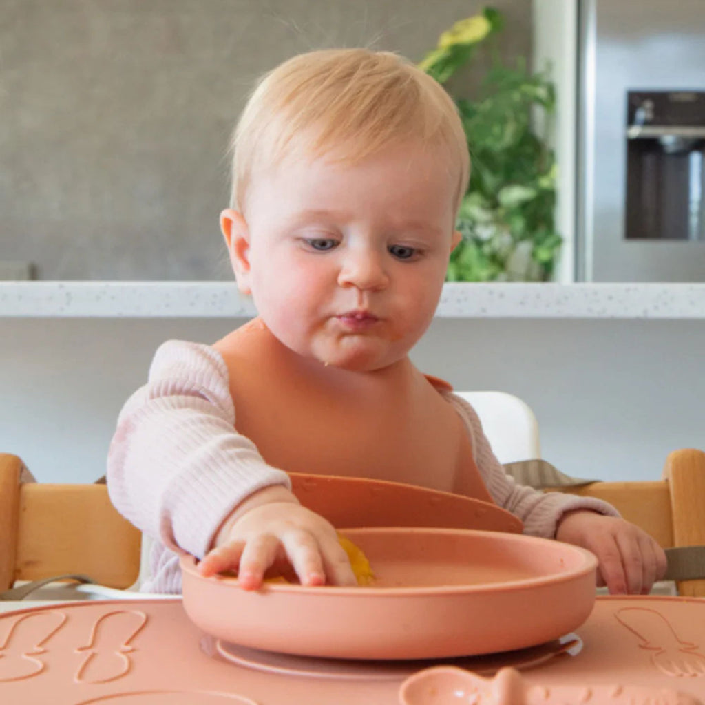 Baby sitting in a high chair with a pink plate in a kitchen setting