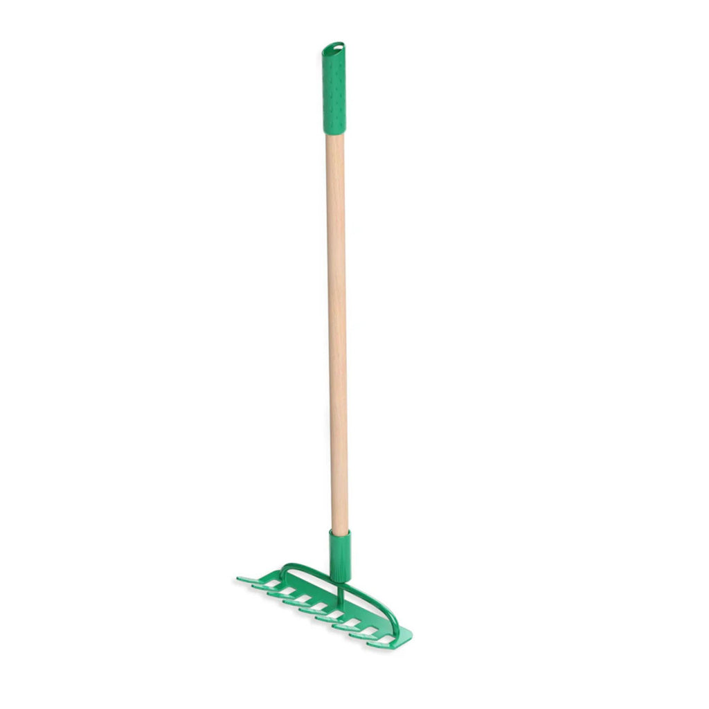 Green garden rake with wooden handle on a white background