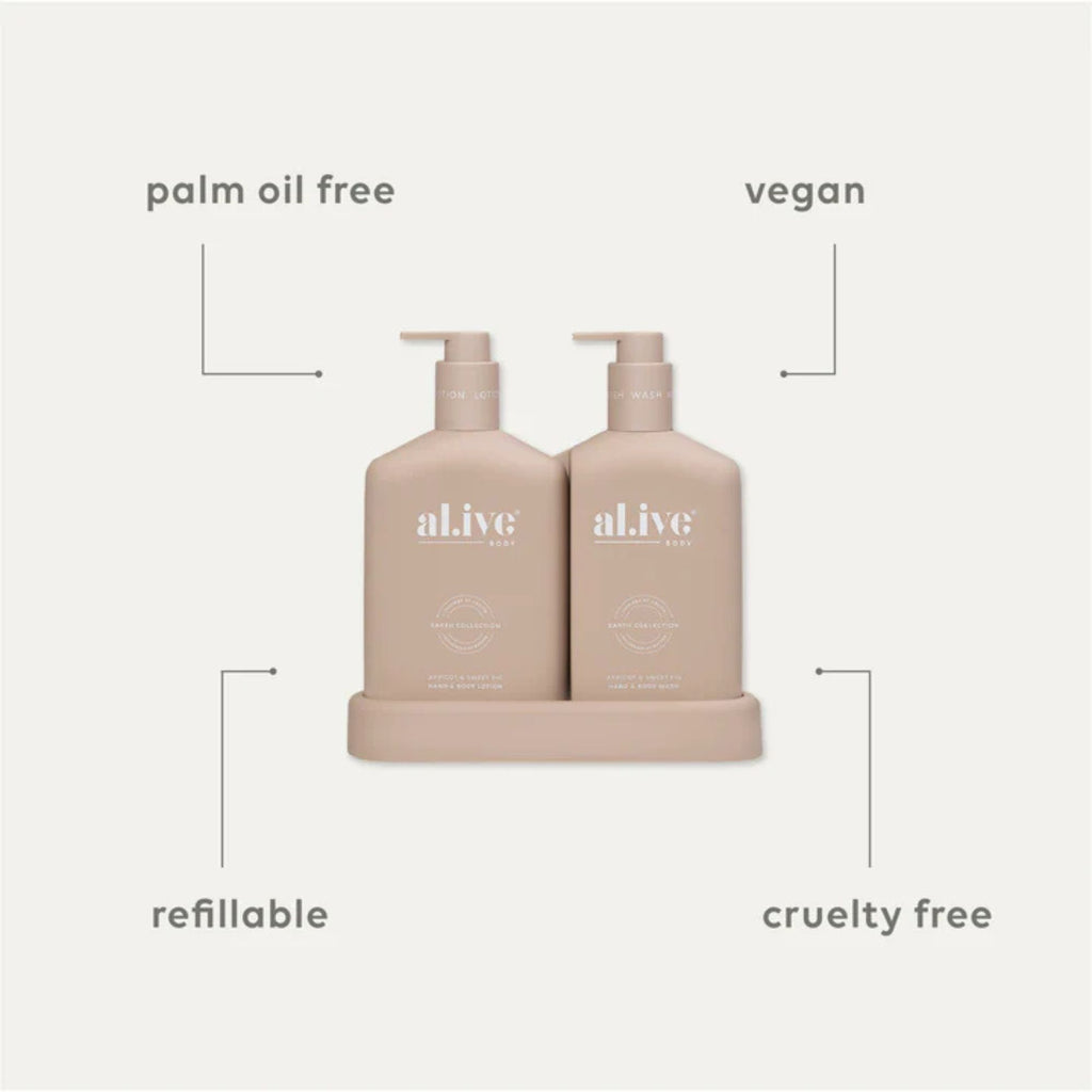 Two beige bottles labeled 'alive' with certification icons on a light gray background