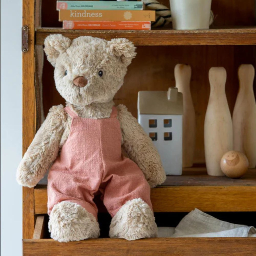 A beige teddy bear in pink linen overalls sitting on a shelf with various household items