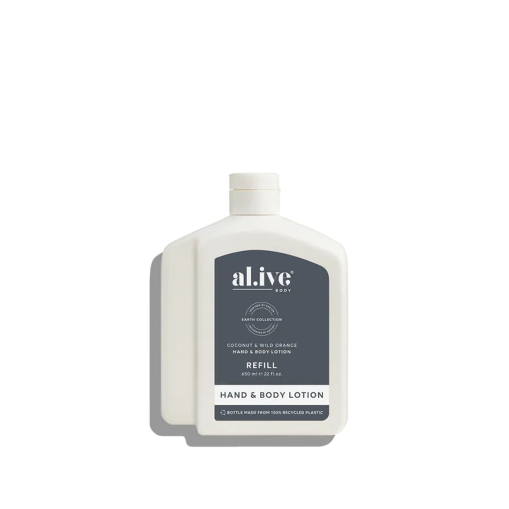 White bottle of al.ive hand and body lotion on a white background