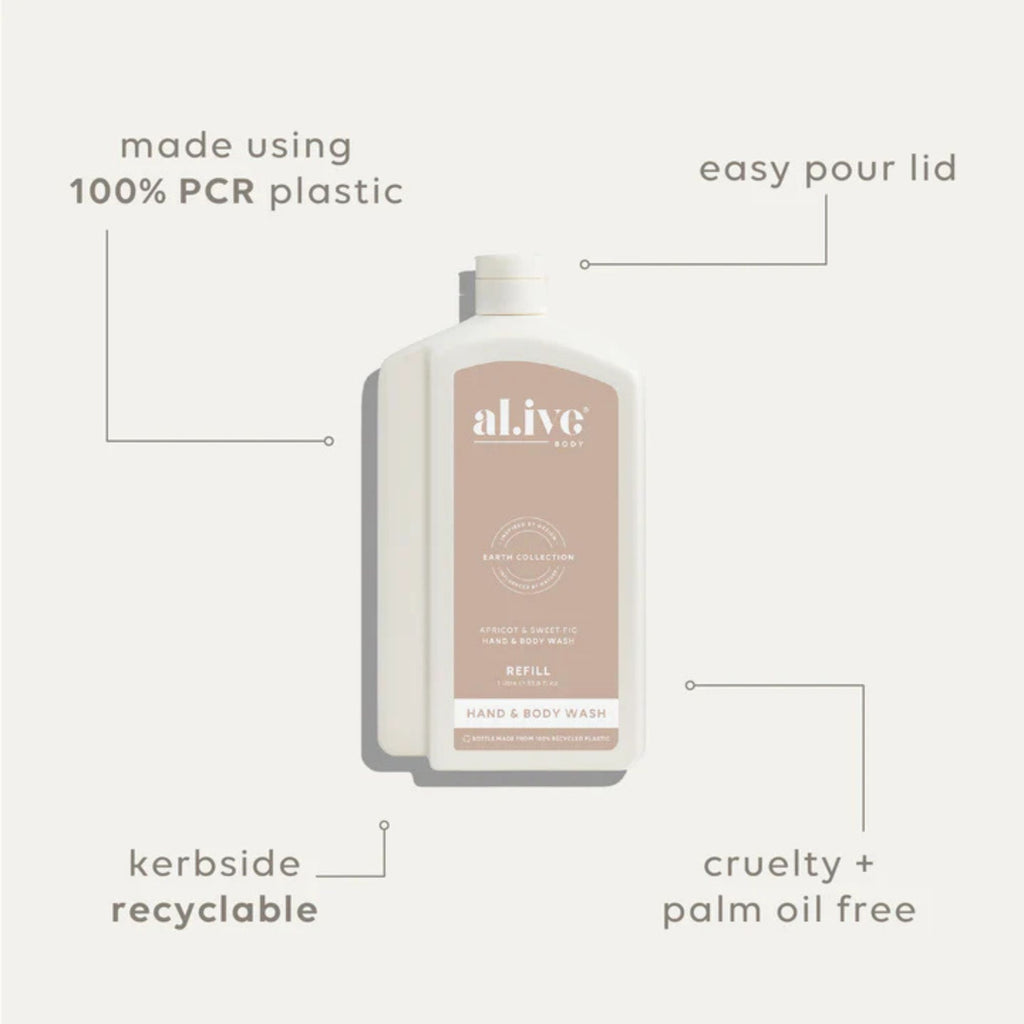 Hand and body wash bottle with 'alive' branding on a white background, featuring text about product features.