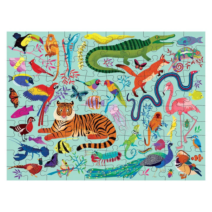 Children's puzzle with colorful animal illustrations on a blue background
