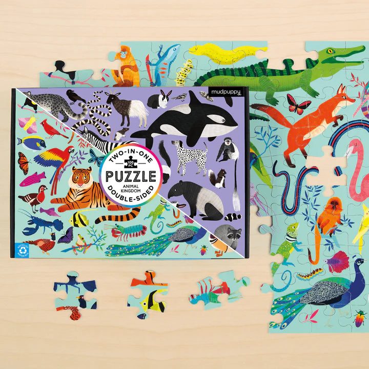 Two animal-themed puzzles with a Mudpuppy logo on a beige background